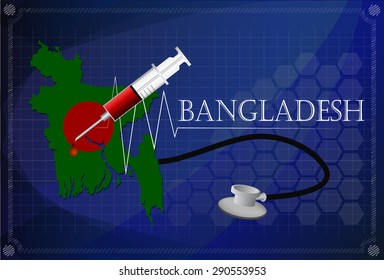Map of Bangladesh with Stethoscope and syringe.