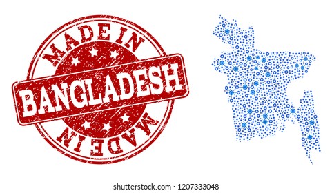 Map of Bangladesh vector mosaic and Made In grunge stamp. Map of Bangladesh composed with blue engine connections. Made in red seal with grunge rubber texture.