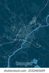 Map of Bangor, Maine, rendered in a minimalist style. The map features a dark blue background with white lines representing roads and waterways.