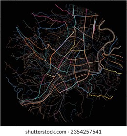 Mapa de Banja Luka (República Srpska) con todas las carreteras principales y menores, los ferrocarriles y las vías fluviales. Coloridas líneas de arte sobre fondo negro.