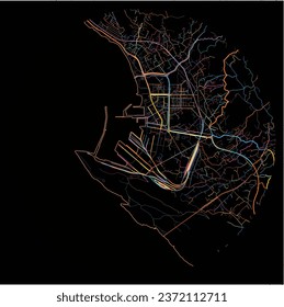 Map of Bar, Coastal with all major and minor roads, railways and waterways. Colorful line art on black background.