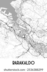 Map of Barakaldo, a city in Spain. The map showcases the city's layout, including its streets, roads, and waterways.