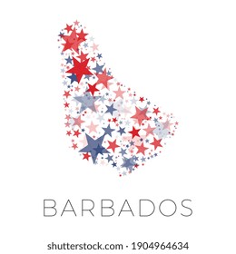 Map of BARBADOS country filled with red and blue stars with random sizes and opacity on a white background. Abstract travel concept sign
