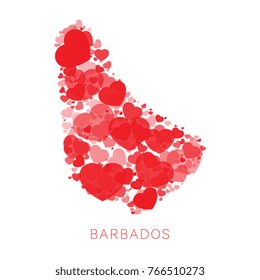 map of barbados filled with mosaic of hearts of different sizes and degrees of transparency on white background