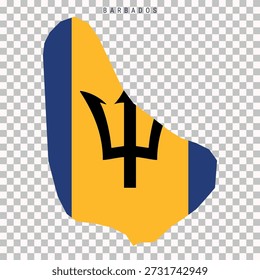 Mapa de Barbados lleno de colores de la bandera nacional, aislado sobre fondo transparente. Silueta de isla para viajes, turismo, geografía y uso de diseño.