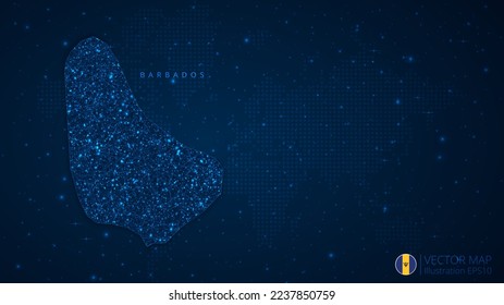 Map of Barbados modern design with polygonal shapes on dark blue background. Business wireframe mesh spheres from flying debris. Blue structure style vector illustration concept.