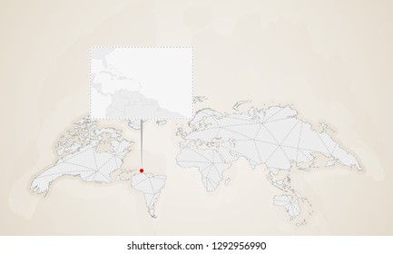Map of Barbados with neighbor countries pinned on world map. Abstract triangles World Map.