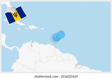 Map of Barbados with a pinned blue pin. Pinned flag of Barbados, vector illustration.