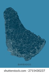 Map of Barbados is presented in a teal color scheme. The island's shape is clearly defined, with intricate white lines representing roads and geographical features. The background is a solid teal, providing a clean contrast to the map's details.