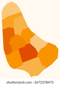 Map of Barbados with regions. Just a simple country border map with region division. Orange color palette. Flat Barbados shape with administrative division. Vector illustration.