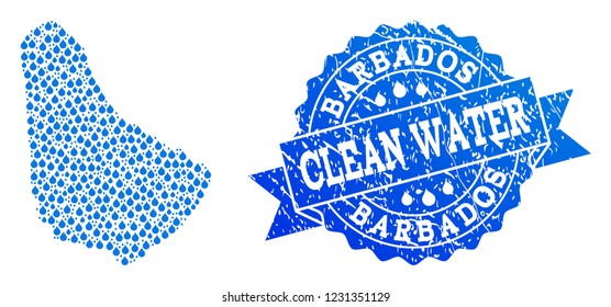 Map of Barbados vector mosaic and clean water grunge stamp. Map of Barbados formed with blue water raindrops. Seal with distress rubber texture for clear drinking water.