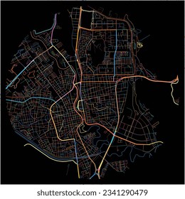 Map of Barcelona with all major and minor roads, railways and waterways. Colorful line art on black background.