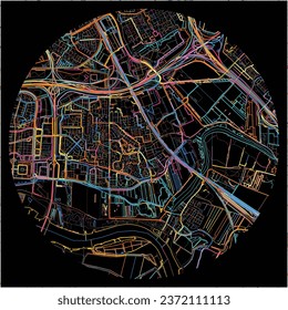 Map of Barendrecht, South Holland with all major and minor roads, railways and waterways. Colorful line art on black background.