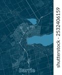 Map of Barrie, Ontario, Canada. The map is rendered in a minimalist style with a dark blue background and white lines representing roads and waterways.