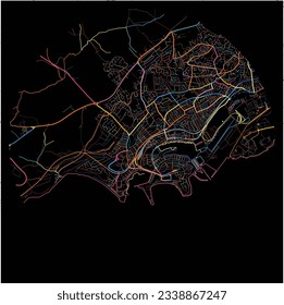 Map of Barry, Vale of Glamorgan with all major and minor roads, railways and waterways. Colorful line art on black background.