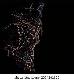 Map of Bastia, Haute-Corse with all major and minor roads, railways and waterways. Colorful line art on black background.