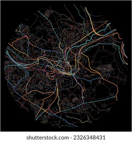 Map of Bath, South West England with all major and minor roads, railways and waterways. Colorful line art on black background.