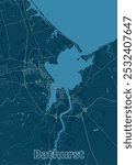 map of Bathurst, a city in New Brunswick, Canada. The map is rendered in a minimalist style, using a dark blue color palette for the landmass and a lighter blue for the water bodies.
