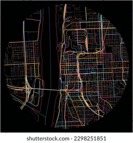 Map of BatonRouge, Louisiana with all major and minor roads, railways and waterways. Colorful line art on black background.
