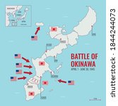 Map of Battle of Okinawa during World War II showing American and Japanese armies and frontlines, April 1 - June 30, 1945, Vector Diagram