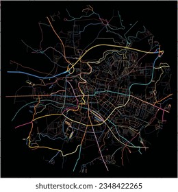 Map of Bautzen, Saxony with all major and minor roads, railways and waterways. Colorful line art on black background.