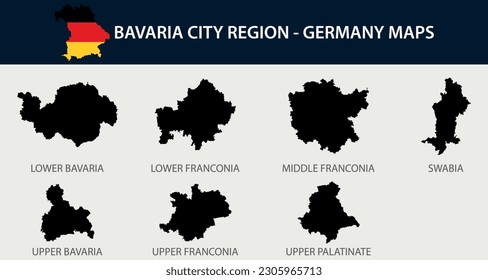 Map of Bavaria city region set - Germany map outline silhouette graphic element Illustration template design
