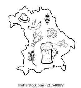 Map of Bavaria, oktoberfest symbols, black and white vector illustration