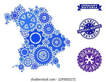Map of Bavaria State created with blue wheel symbols, and isolated scratched seals for official repair services. Vector abstract mosaic of map of Bavaria State with repair symbols in blue color tones.