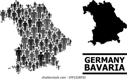 Landkarte des Freistaats Bayern für nationale Doktrinen. Demografische Abstraktion von Vektorgrafiken. Mosaikkarte des Bayerischen Staates, konstruiert aus menschlichen Symbolen. Demografisches Konzept in dunkelgrauen Farbtönen.