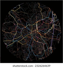 Map of Bayreuth, Bavaria with all major and minor roads, railways and waterways. Colorful line art on black background.