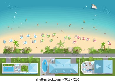 Map of the beach with houses (view from above).
Summer holiday. Umbrellas and lounge chairs on the beach.
Coastline with buildings, people, trees, umbrellas (top view).