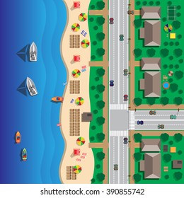 Map of the beach with streets and houses. Umbrellas and lounge chairs on the beachfront. Summer holiday. View from above. Vector illustration. Applique with realistic shadows.