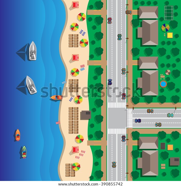 Map of the\
beach with streets and houses. Umbrellas and lounge chairs on the\
beachfront. Summer holiday. View from above. Vector illustration.\
Applique with realistic\
shadows.