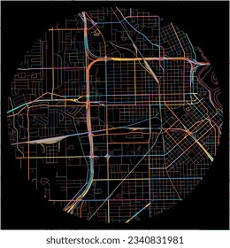 Map of Beaumont, Texas with all major and minor roads, railways and waterways. Colorful line art on black background.
