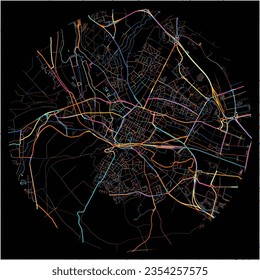 Map of Beauvais, Oise with all major and minor roads, railways and waterways. Colorful line art on black background.