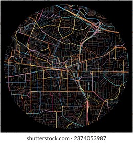 Map of Beaverton, Oregon with all major and minor roads, railways and waterways. Colorful line art on black background.