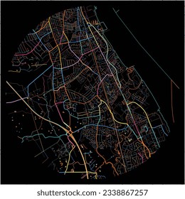 Map of Bebington, North West England with all major and minor roads, railways and waterways. Colorful line art on black background.