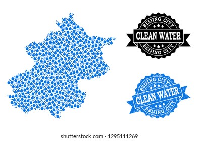 Map of Beijing Municipality vector mosaic and clean water grunge stamp. Map of Beijing Municipality composed with blue water tears. Seal with retro rubber texture for clean drinking water.