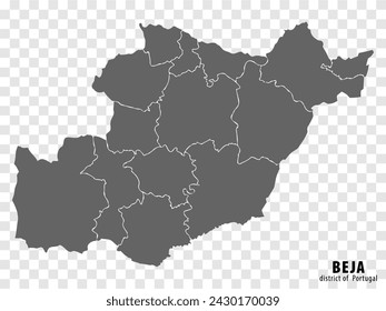 Map Beja  District on transparent background. Beja District  map with  municipalities in gray for your web site design, logo, app, UI. Portugal. EPS10.