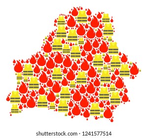 Map of Belarus collage created for Gilet Jaunes Protest illustrations. Vector abstract mosaic of map of Belarus with yellow vest against fuel price rising. Flat design for patriotic illustrations.