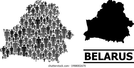 Map of Belarus for demographics projects. Vector demographics mosaic. Mosaic map of Belarus made of human icons. Demographic scheme in dark grey color shades.