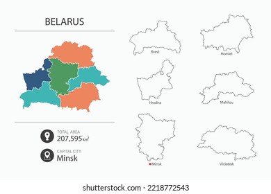 Map of Belarus with detailed country map. Map elements of cities, total areas and capital.
