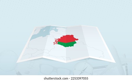 Mapa de Bielorrusia con la bandera de Bielorrusia en el contorno del mapa en un contexto abstracto de viaje. Ilustración de viaje.