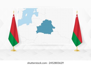 Map of Belarus and flags of Belarus on flag stand. Vector illustration for diplomacy meeting.