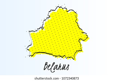 Map of Belarus, halftone abstract background. The black dots on a yellow background. drawn border line. vector illustration