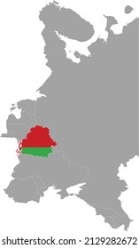 Map of Belarus with national flag within the gray map of Eastern Europe