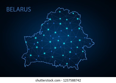 Map of Belarus from Polygonal wire frame low poly mesh, contours network line, luminous space stars, design sphere, dot and structure. Vector Illustration EPS10. - Vector