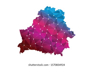 Map of Belarus from Polygonal wire frame low poly mesh, contours network line, luminous space stars, design sphere, dot and structure. Vector Illustration EPS10.