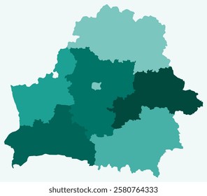 Map of Belarus with regions. Just a simple country border map with region division. Teal color palette. Blank Republic of Belarus shape with administrative division. Vector illustration.