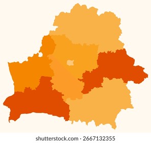 Map of Belarus with regions. Just a simple country border map with region division. Orange color palette. Flat Republic of Belarus shape with administrative division. Vector illustration.